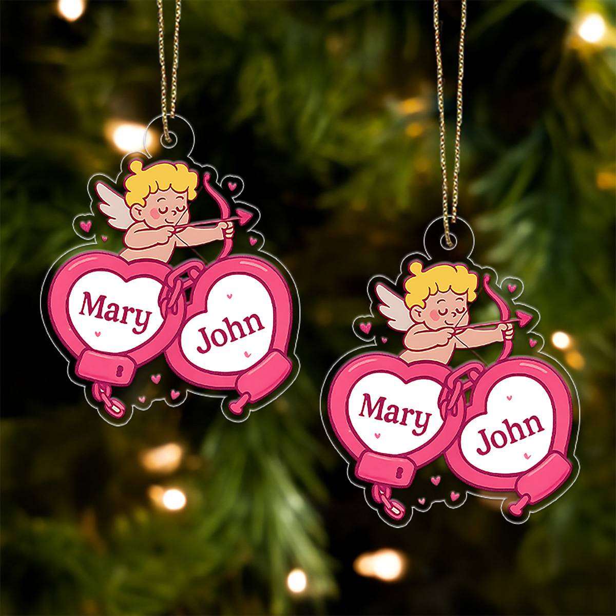 Personalized Handcuffs Heart Ornament, Cupid Love Ornament, Locked in Love, Gift For Couple, Romantic Valentine’s Day Decor