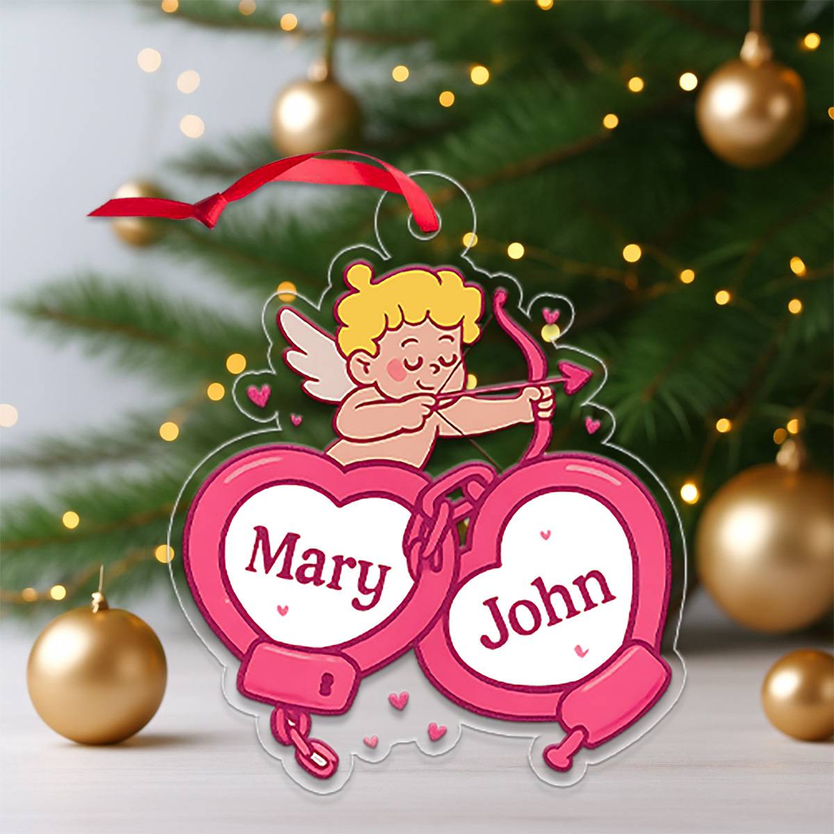 Personalized Handcuffs Heart Ornament, Cupid Love Ornament, Locked in Love, Gift For Couple, Romantic Valentine’s Day Decor
