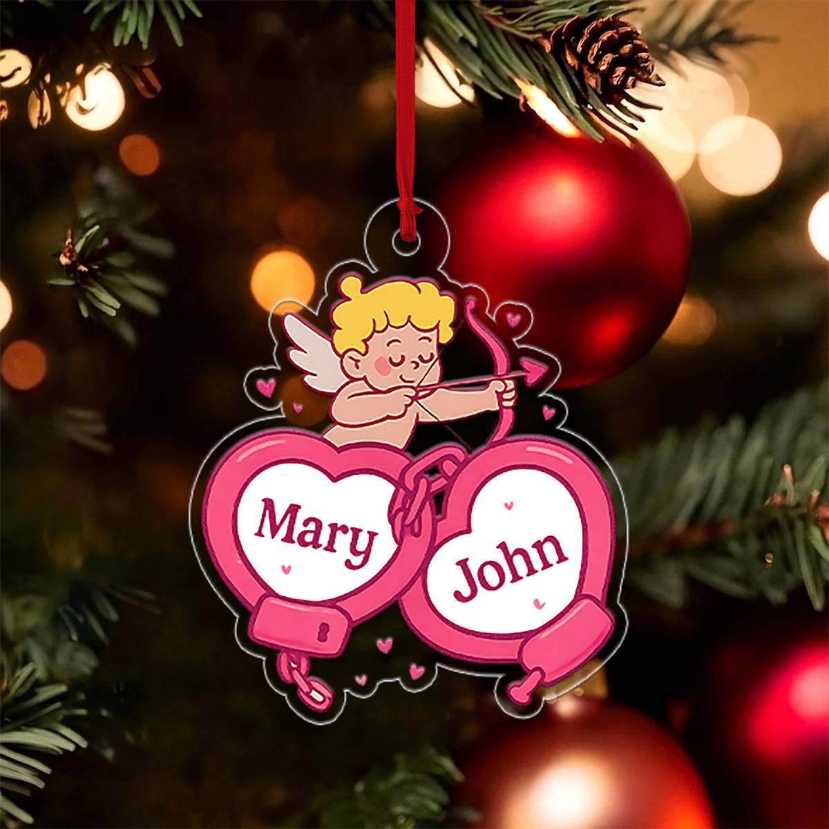 Personalized Handcuffs Heart Ornament, Cupid Love Ornament, Locked in Love, Gift For Couple, Romantic Valentine’s Day Decor