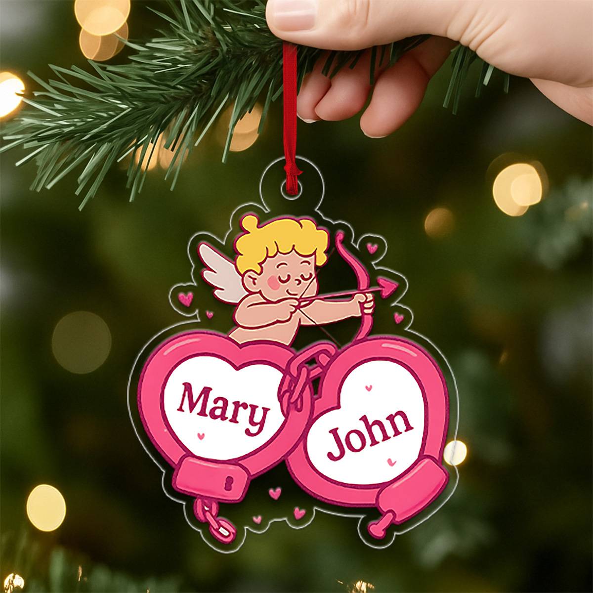 Personalized Handcuffs Heart Ornament, Cupid Love Ornament, Locked in Love, Gift For Couple, Romantic Valentine’s Day Decor
