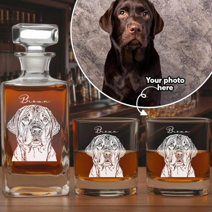 Custom Dog Photo Whiskey Decanter Set | Personalized Dog Name & Photo Whiskey Glass | Gift For Dog Lovers
