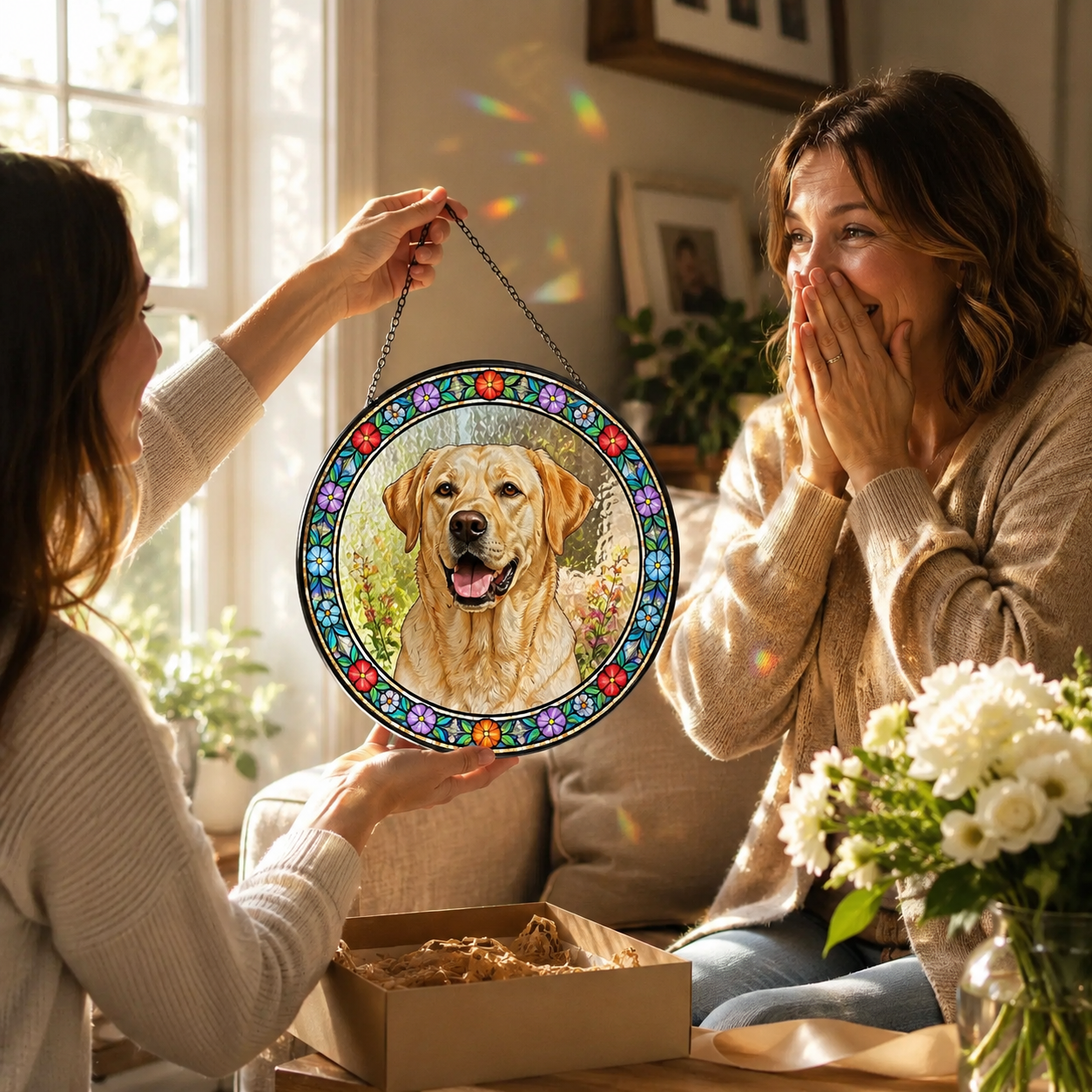Custom Photo Dog Window Hanging – Personalized Pet Stained Glass Suncatcher Decor