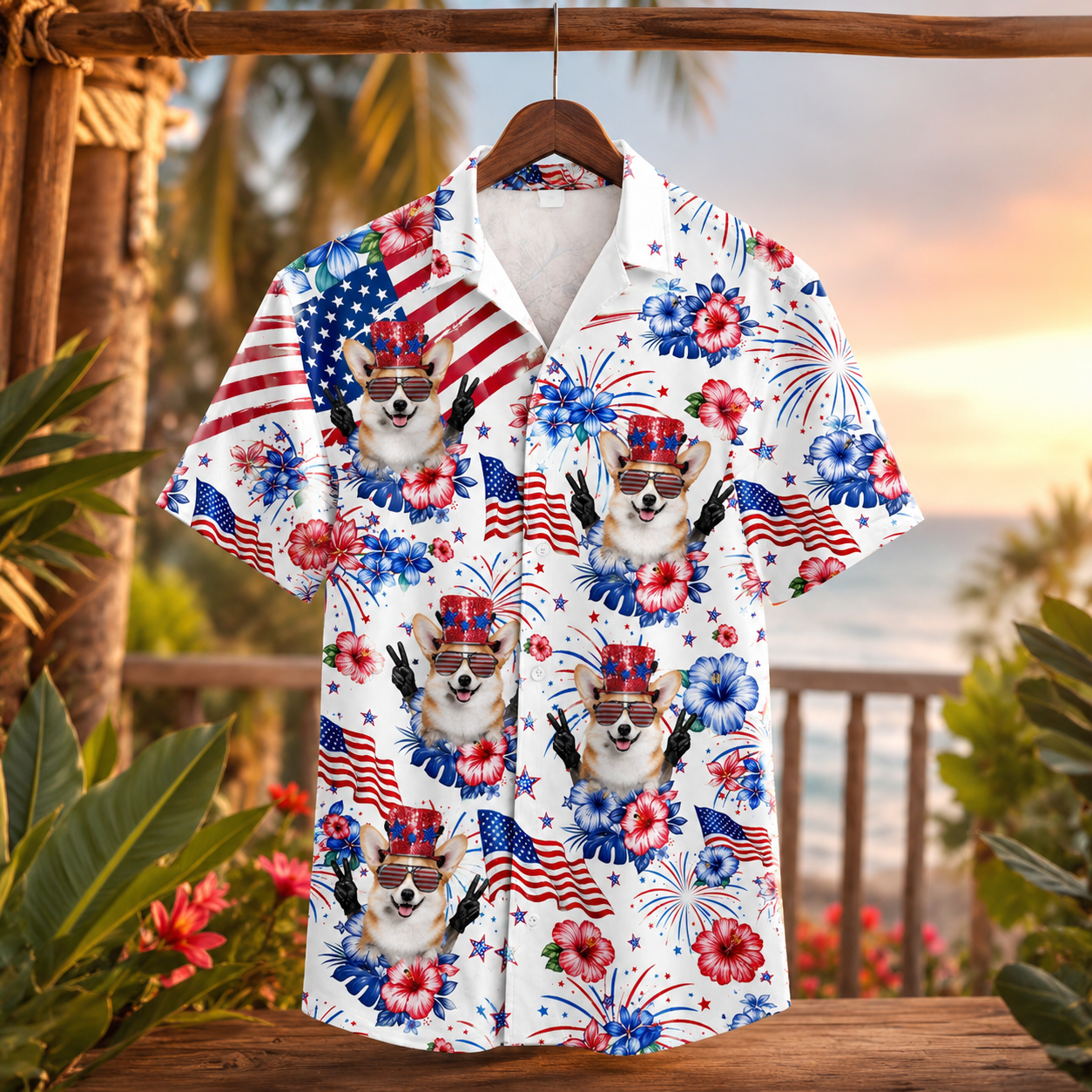 Custom Photo America Dog Hawaiian Shirt, Personalized Hawaiian Shirt, Dog Lover Vacation Gift For Dog