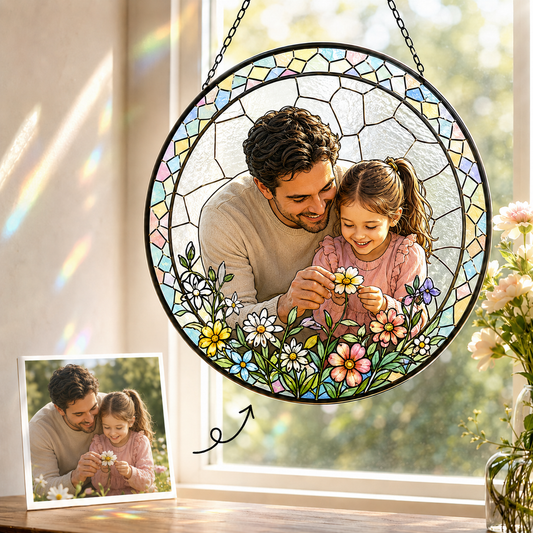 Custom Girl Dad Photo Stained Glass Suncatcher – Personalized Dad Gifts | Gift For Dad TOM99