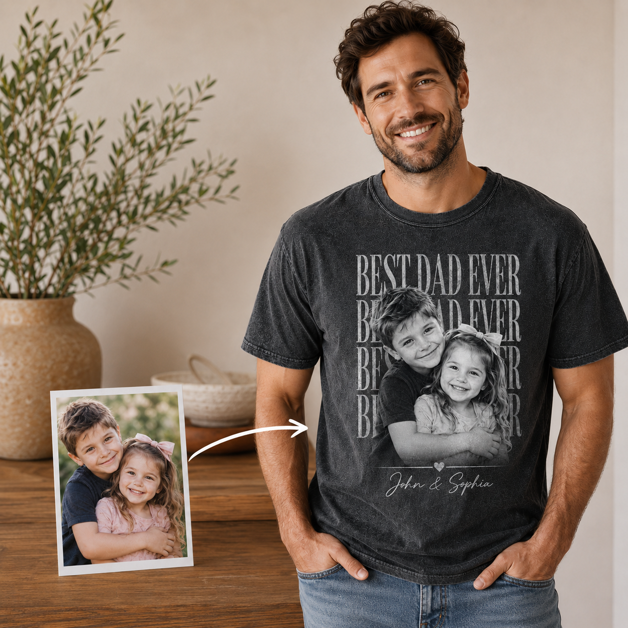 Custom Photo Dad & Kids Wash T-Shirt, Personalized Dad Gifts | Gift For Dad TOM99