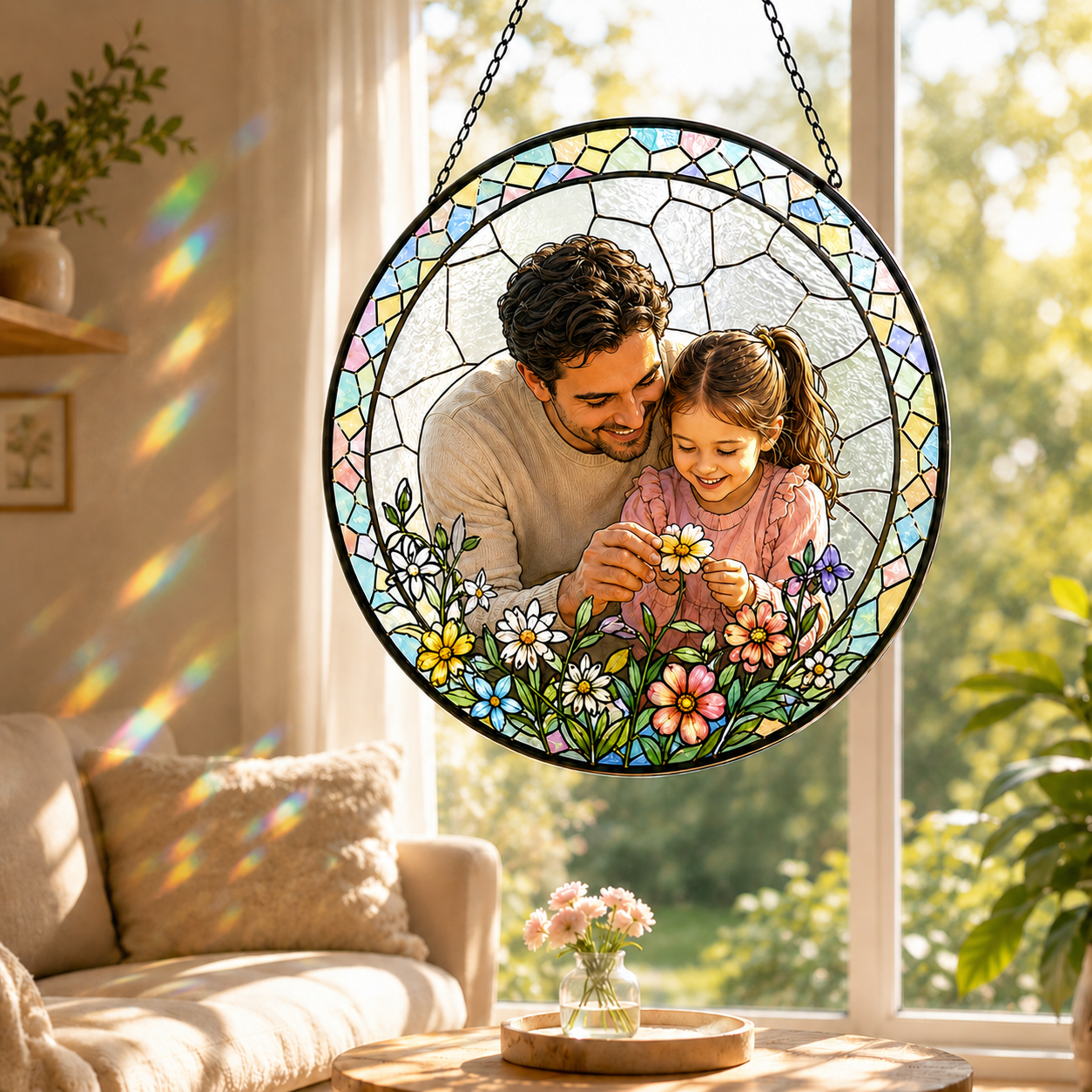 Custom Girl Dad Photo Stained Glass Suncatcher – Personalized Dad Gifts | Gift For Dad TOM99