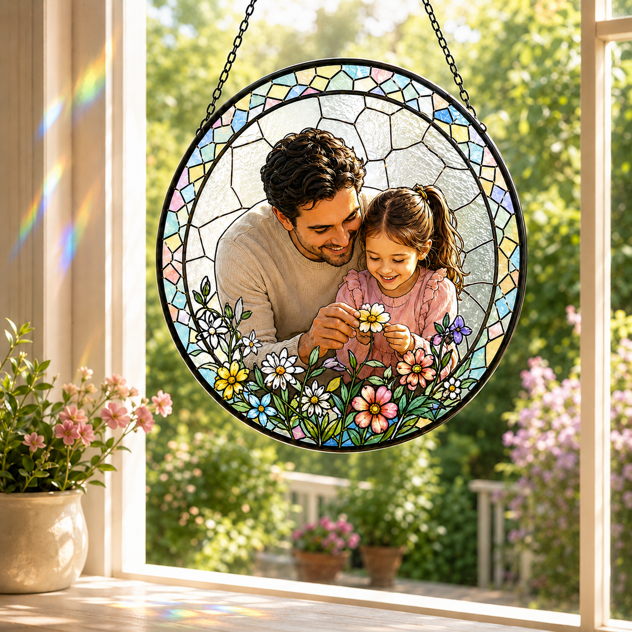 Custom Girl Dad Photo Stained Glass Suncatcher – Personalized Dad Gifts | Gift For Dad TOM99
