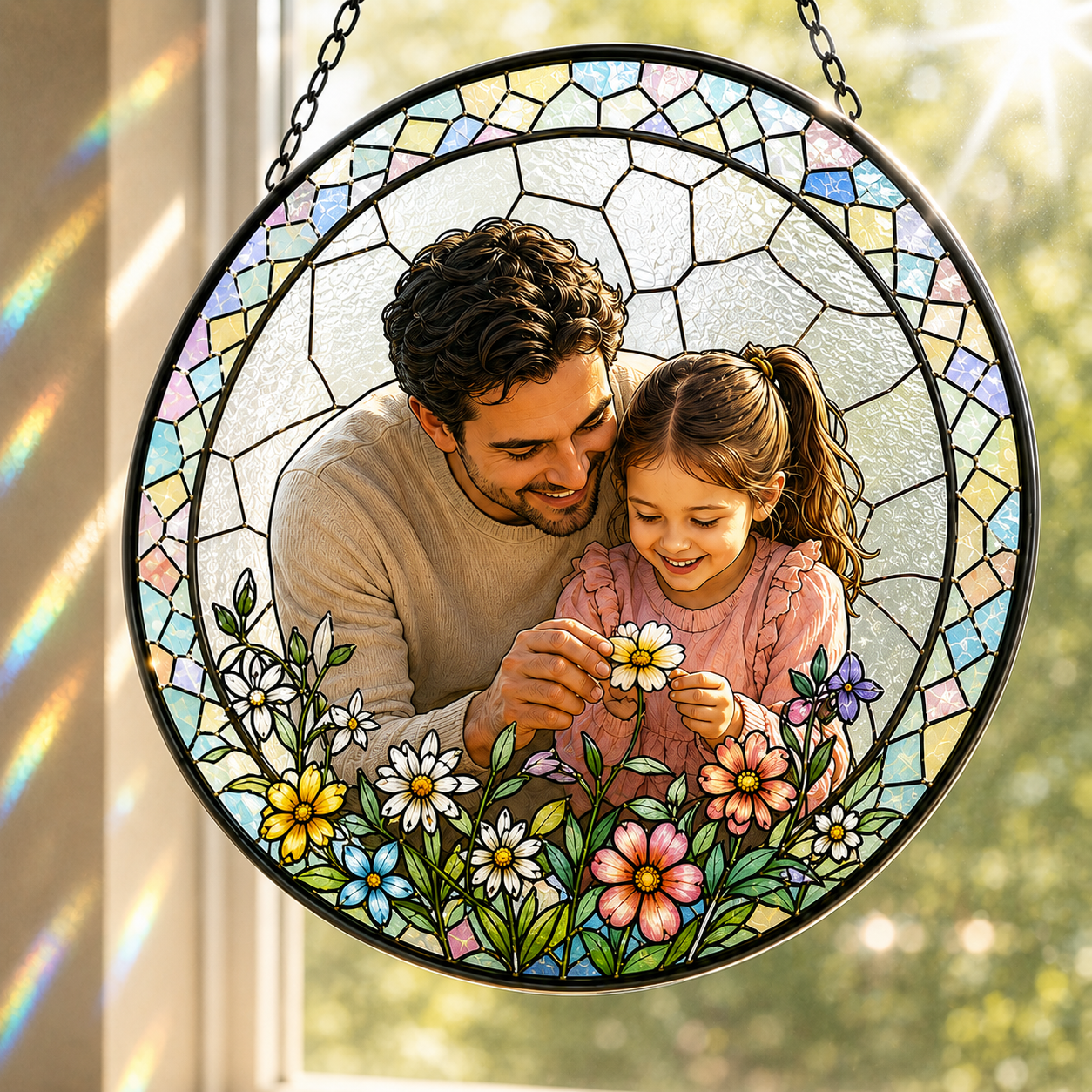 Custom Girl Dad Photo Stained Glass Suncatcher – Personalized Dad Gifts | Gift For Dad TOM99