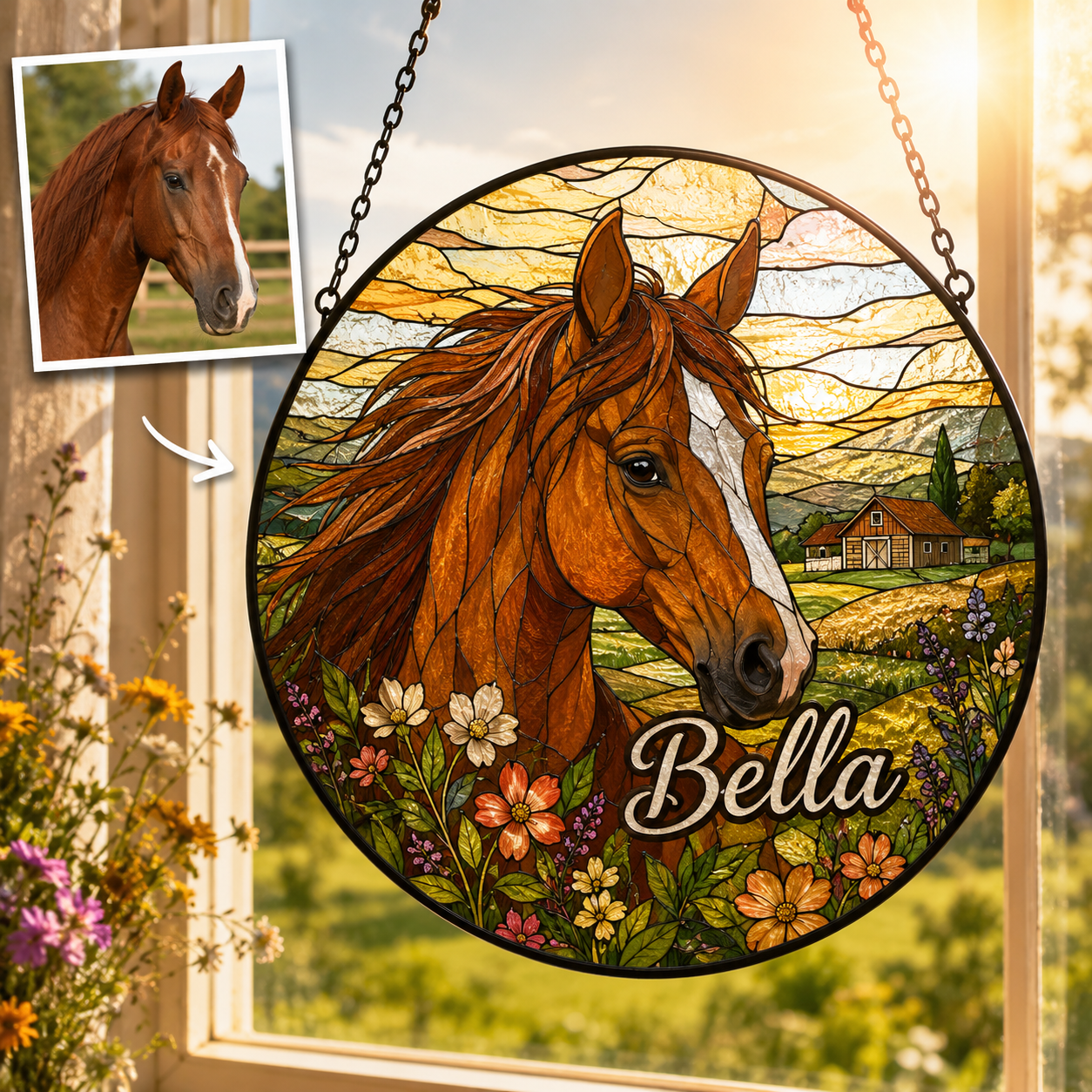 Custom Photo Horse Stained Glass Suncatcher – Personalized Horse Lover Gifts | Gift For Horse Lover TOM99