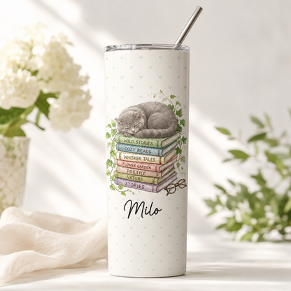 Personalized Photo Book Cat 20oz Skinny Tumbler – Custom Cat Photo Skinny Tumbler for Woman and Cat Owners TOM99