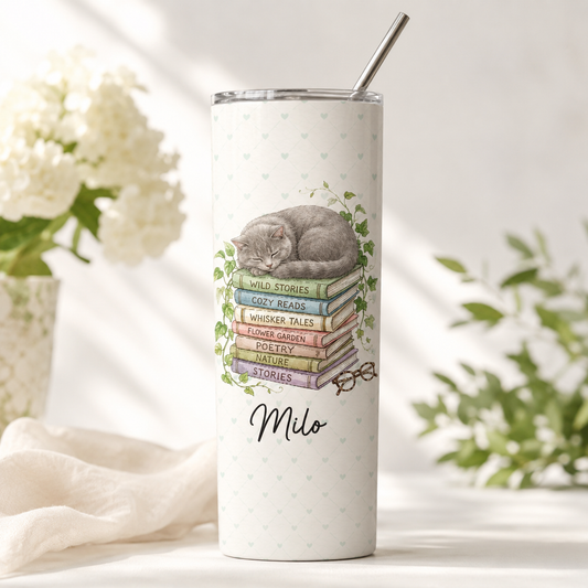 Personalized Photo Book Cat 20oz Skinny Tumbler – Custom Cat Photo Skinny Tumbler for Woman and Cat Owners TOM99