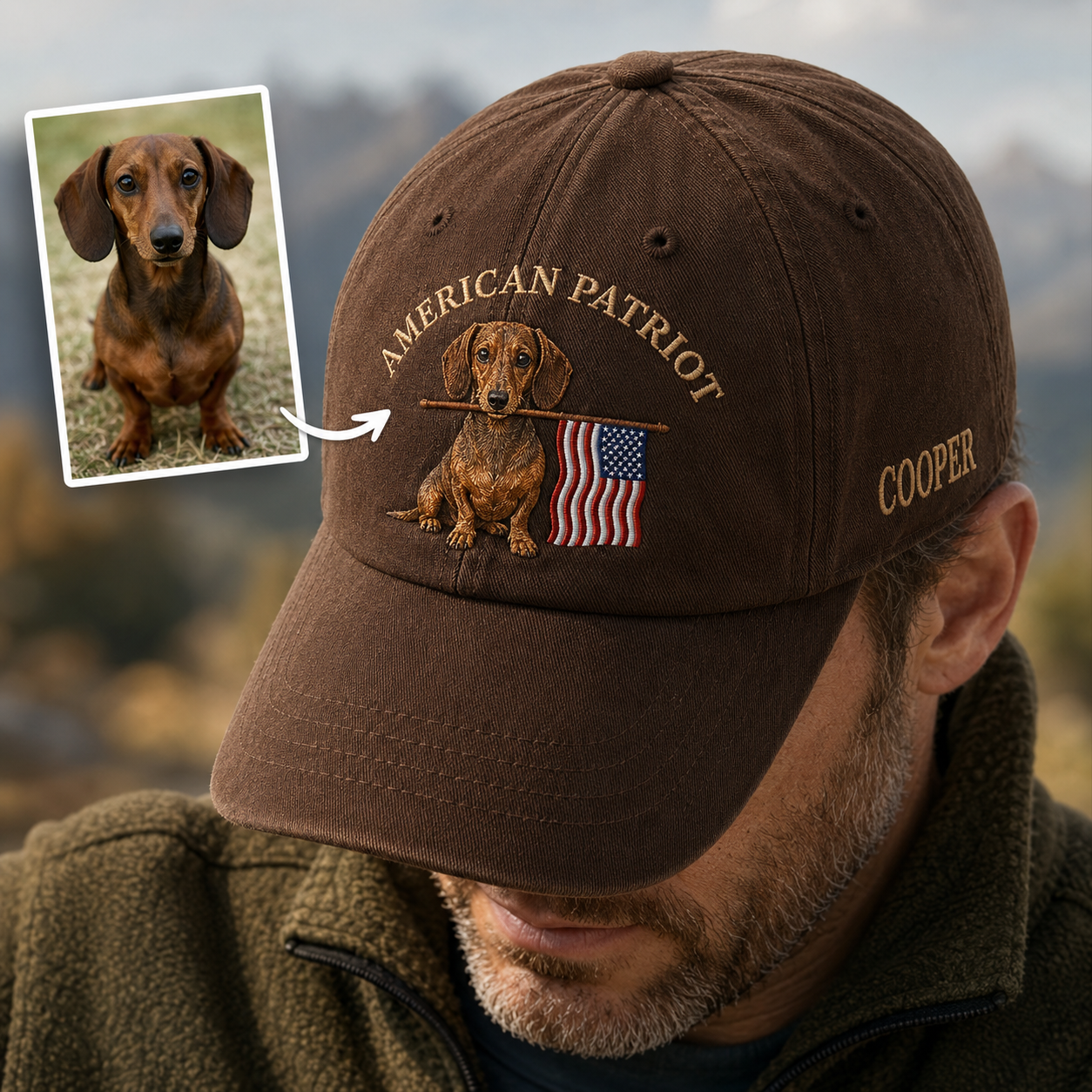 Custom Photo Pet America Embroidered Hat, Dog Face Trucker Otto Hat, Pet Owner Patriot Gift THUC99