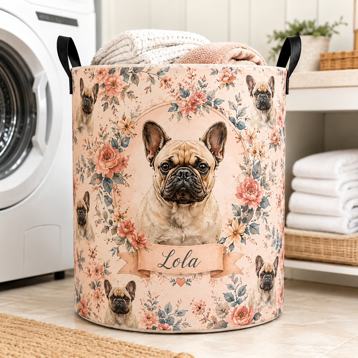 Custom Photo Dog Floral Laundry Basket | Gift For Dog Lovers | Dog Bathroom Decor