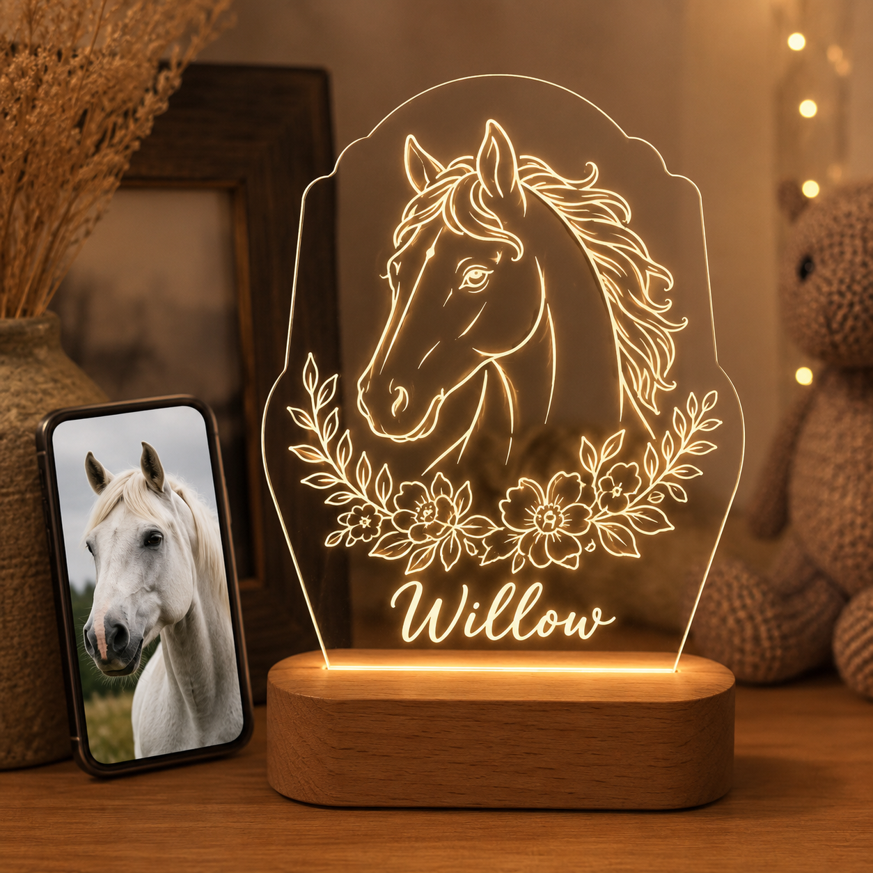 Custom Photo Flower Horse Wooden Led Light | Personalized Horse Photo Wooden Led Light | Gift For Horse Lovers TOM99