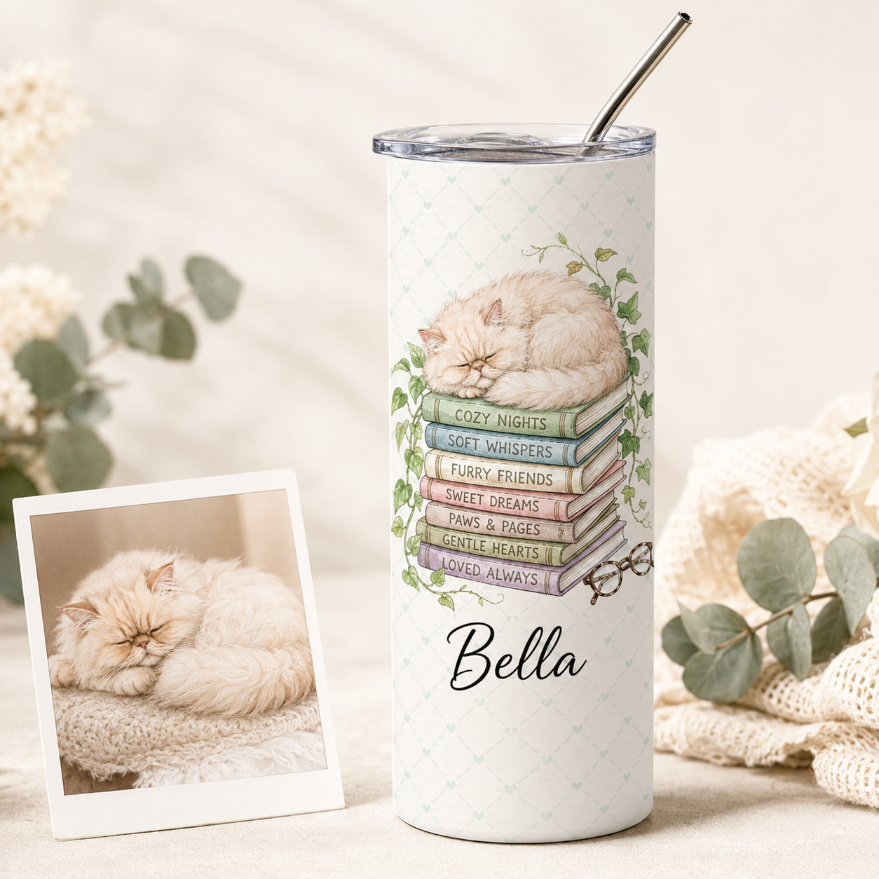 Personalized Photo Book Cat 20oz Skinny Tumbler – Custom Cat Photo Skinny Tumbler for Woman and Cat Owners TOM99
