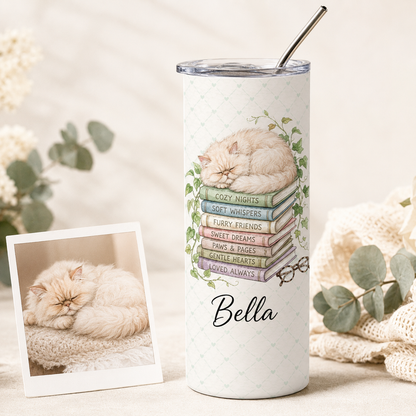 Personalized Photo Book Cat 20oz Skinny Tumbler – Custom Cat Photo Skinny Tumbler for Woman and Cat Owners TOM99