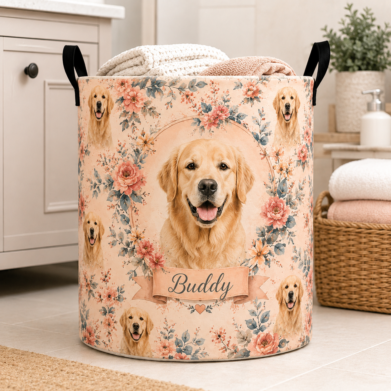 Custom Photo Dog Floral Laundry Basket | Gift For Dog Lovers | Dog Bathroom Decor