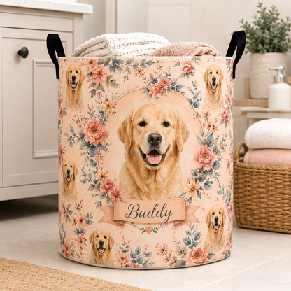 Custom Photo Dog Floral Laundry Basket | Gift For Dog Lovers | Dog Bathroom Decor