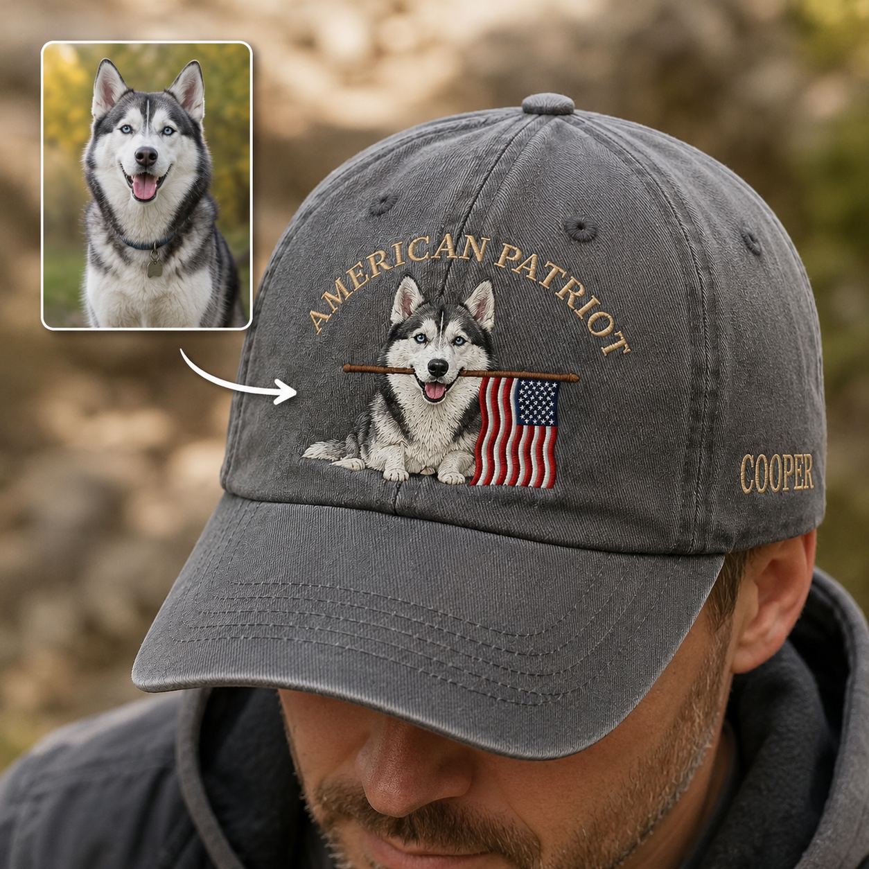 Custom Photo Pet America Embroidered Hat, Dog Face Trucker Otto Hat, Pet Owner Patriot Gift THUC99
