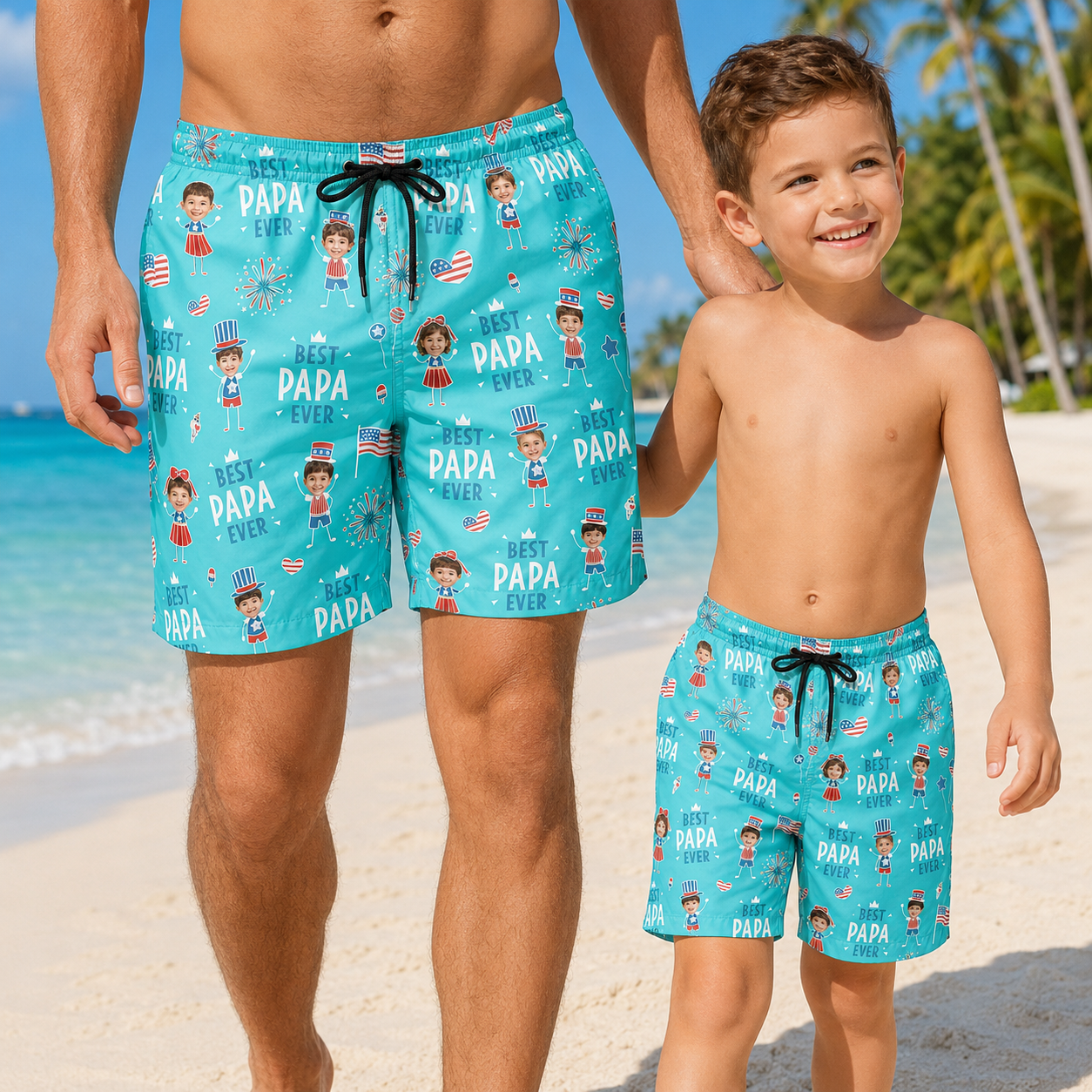 Custom Photo Dad Beach Shorts, Personalized Matching Swim Trunks, Tropical Family Vacation Gift