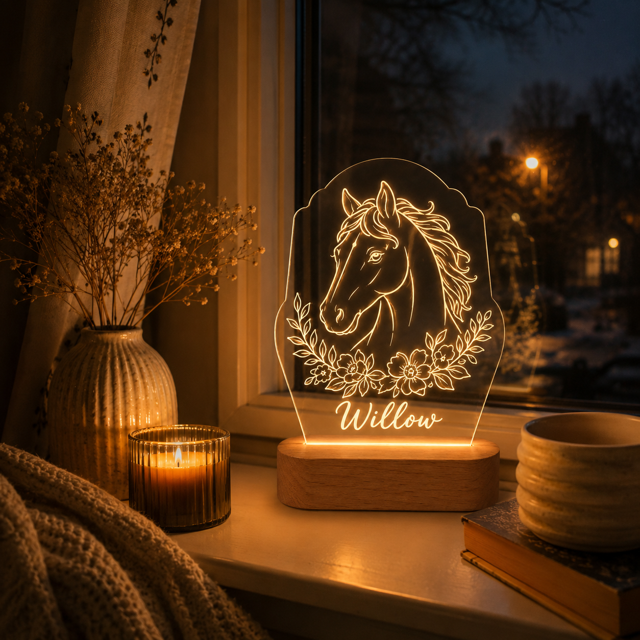 Custom Photo Flower Horse Wooden Led Light | Personalized Horse Photo Wooden Led Light | Gift For Horse Lovers TOM99