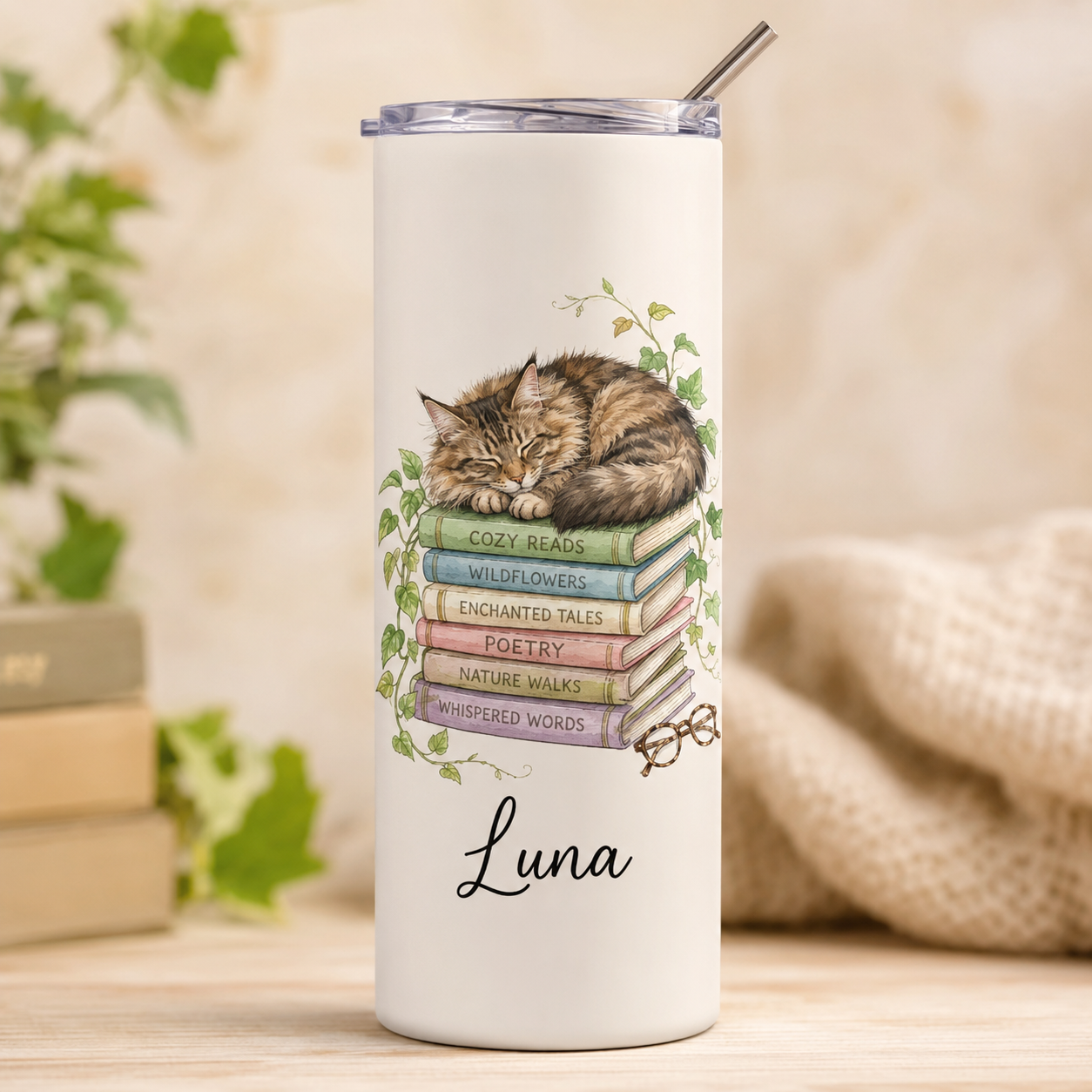 Personalized Photo Book Cat 20oz Skinny Tumbler – Custom Cat Photo Skinny Tumbler for Woman and Cat Owners TOM99