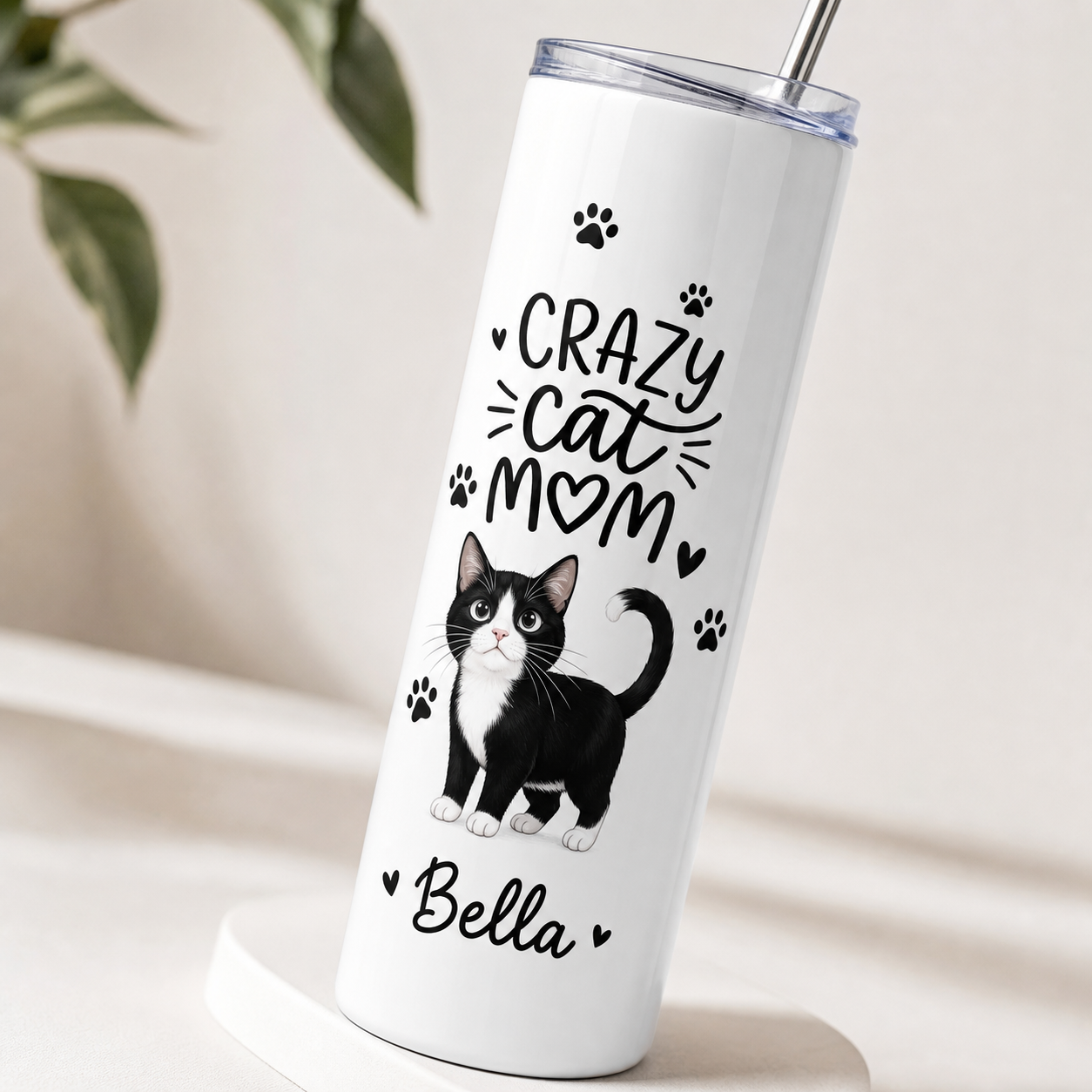 Personalized Crazy Cat Mom 20oz Skinny Tumbler – Custom Cat Photo Skinny Tumbler for Woman and Cat Owners TOM99