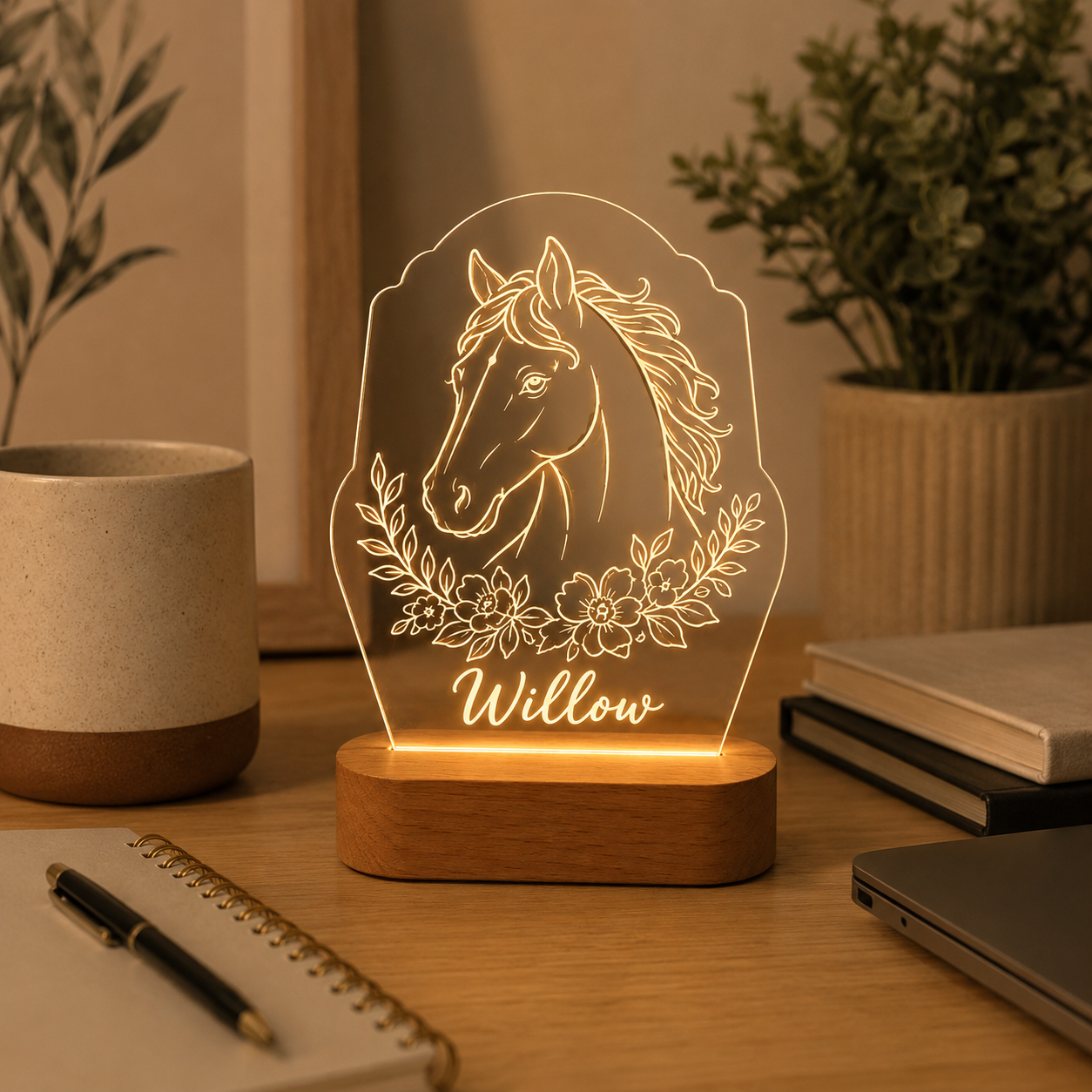 Custom Photo Flower Horse Wooden Led Light | Personalized Horse Photo Wooden Led Light | Gift For Horse Lovers TOM99