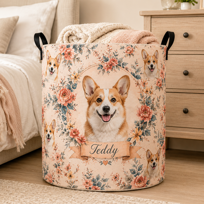 Custom Photo Dog Floral Laundry Basket | Gift For Dog Lovers | Dog Bathroom Decor