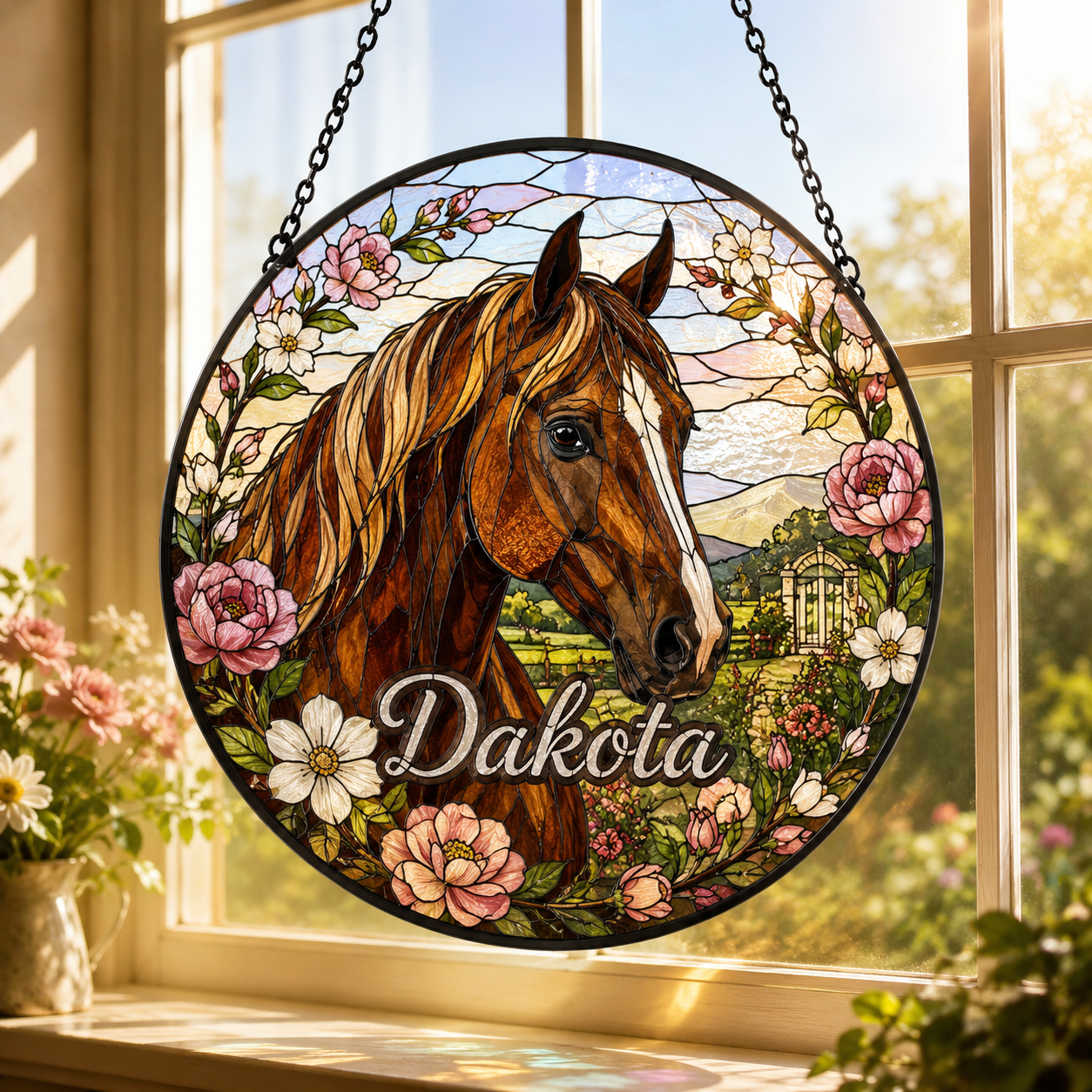 Custom Photo Horse Stained Glass Suncatcher – Personalized Horse Lover Gifts | Gift For Horse Lover TOM99