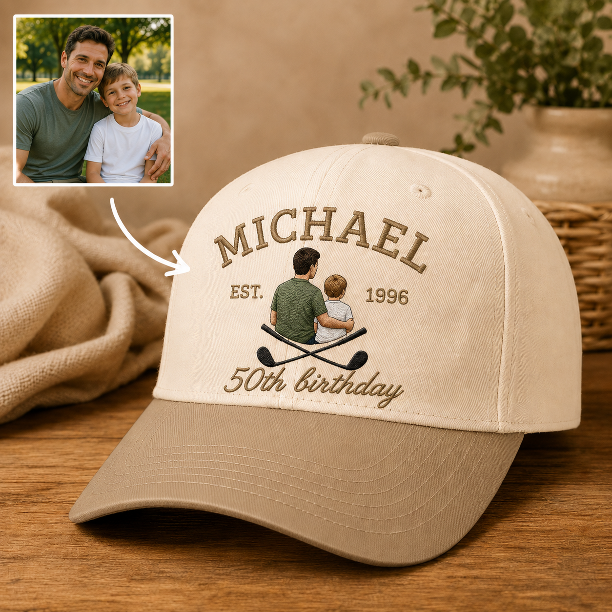 Custom Photo Dad Golf Embroidered Hat, Personalized Cap, Custom Portrait Dad Hat, Father’s Day Gift TOM99