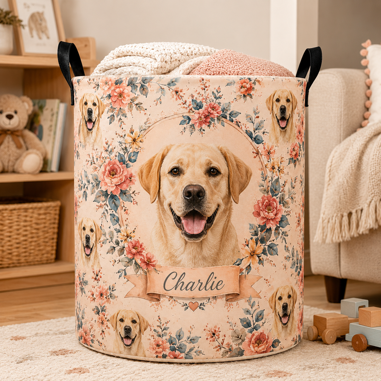 Custom Photo Dog Floral Laundry Basket | Gift For Dog Lovers | Dog Bathroom Decor