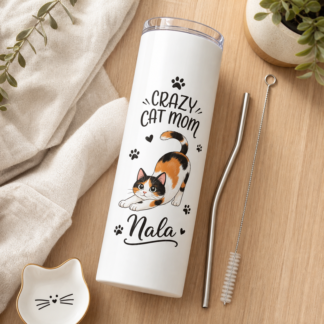 Personalized Crazy Cat Mom 20oz Skinny Tumbler – Custom Cat Photo Skinny Tumbler for Woman and Cat Owners TOM99