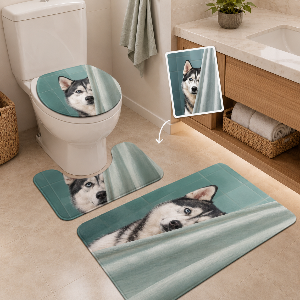 Custom Photo Dog 3pcs Bathroom Rug Set | Gift For Dog Lovers | Pet Photo Gifts