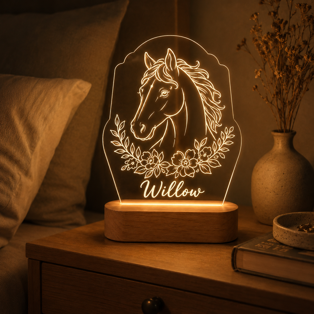 Custom Photo Flower Horse Wooden Led Light | Personalized Horse Photo Wooden Led Light | Gift For Horse Lovers TOM99