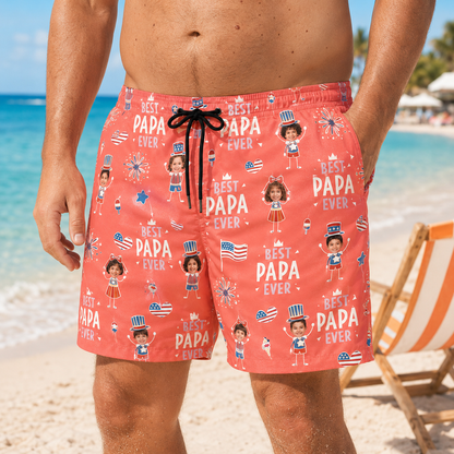 Custom Photo Dad Beach Shorts, Personalized Matching Swim Trunks, Tropical Family Vacation Gift