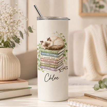Personalized Photo Book Cat 20oz Skinny Tumbler – Custom Cat Photo Skinny Tumbler for Woman and Cat Owners TOM99