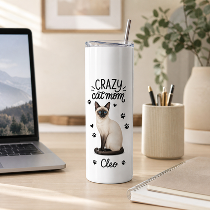 Personalized Crazy Cat Mom 20oz Skinny Tumbler – Custom Cat Photo Skinny Tumbler for Woman and Cat Owners TOM99