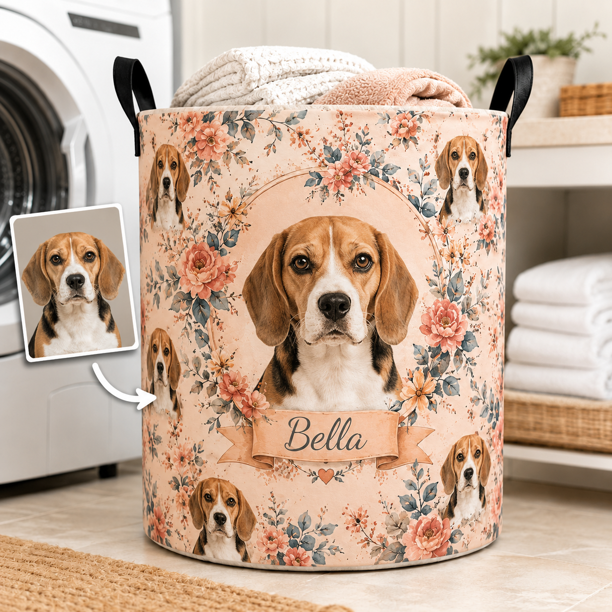Custom Photo Dog Floral Laundry Basket | Gift For Dog Lovers | Dog Bathroom Decor
