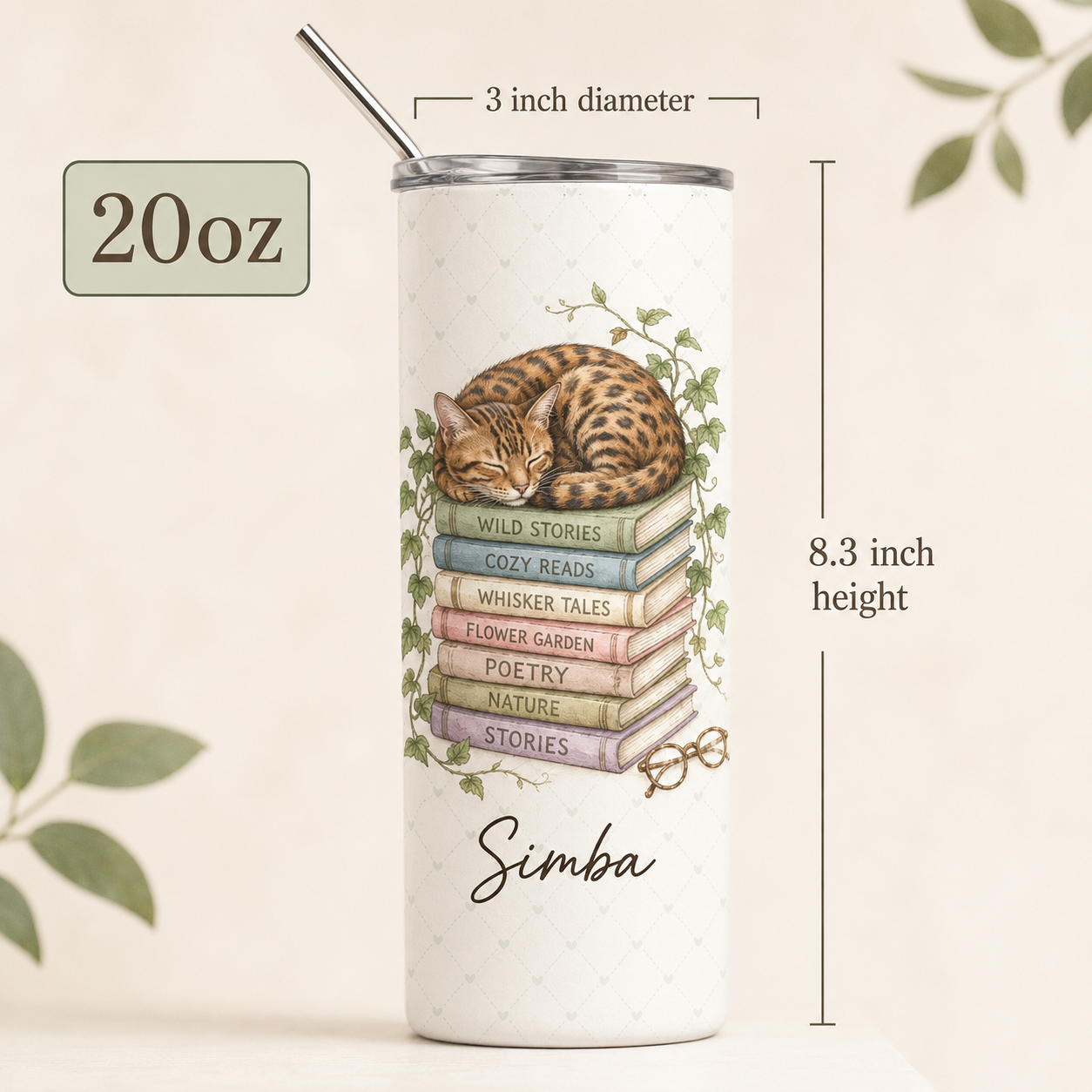 Personalized Photo Book Cat 20oz Skinny Tumbler – Custom Cat Photo Skinny Tumbler for Woman and Cat Owners TOM99