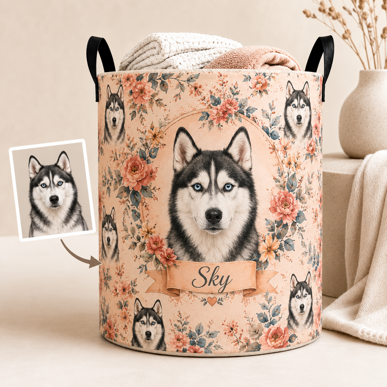Custom Photo Dog Floral Laundry Basket | Gift For Dog Lovers | Dog Bathroom Decor