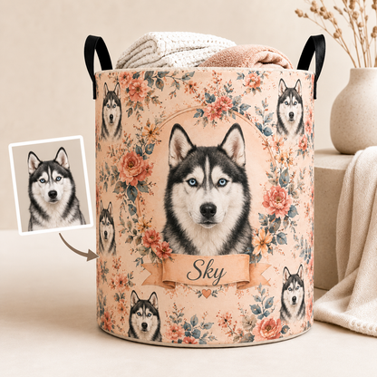 Custom Photo Dog Floral Laundry Basket | Gift For Dog Lovers | Dog Bathroom Decor