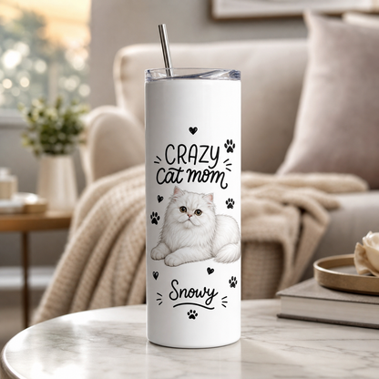 Personalized Crazy Cat Mom 20oz Skinny Tumbler – Custom Cat Photo Skinny Tumbler for Woman and Cat Owners TOM99
