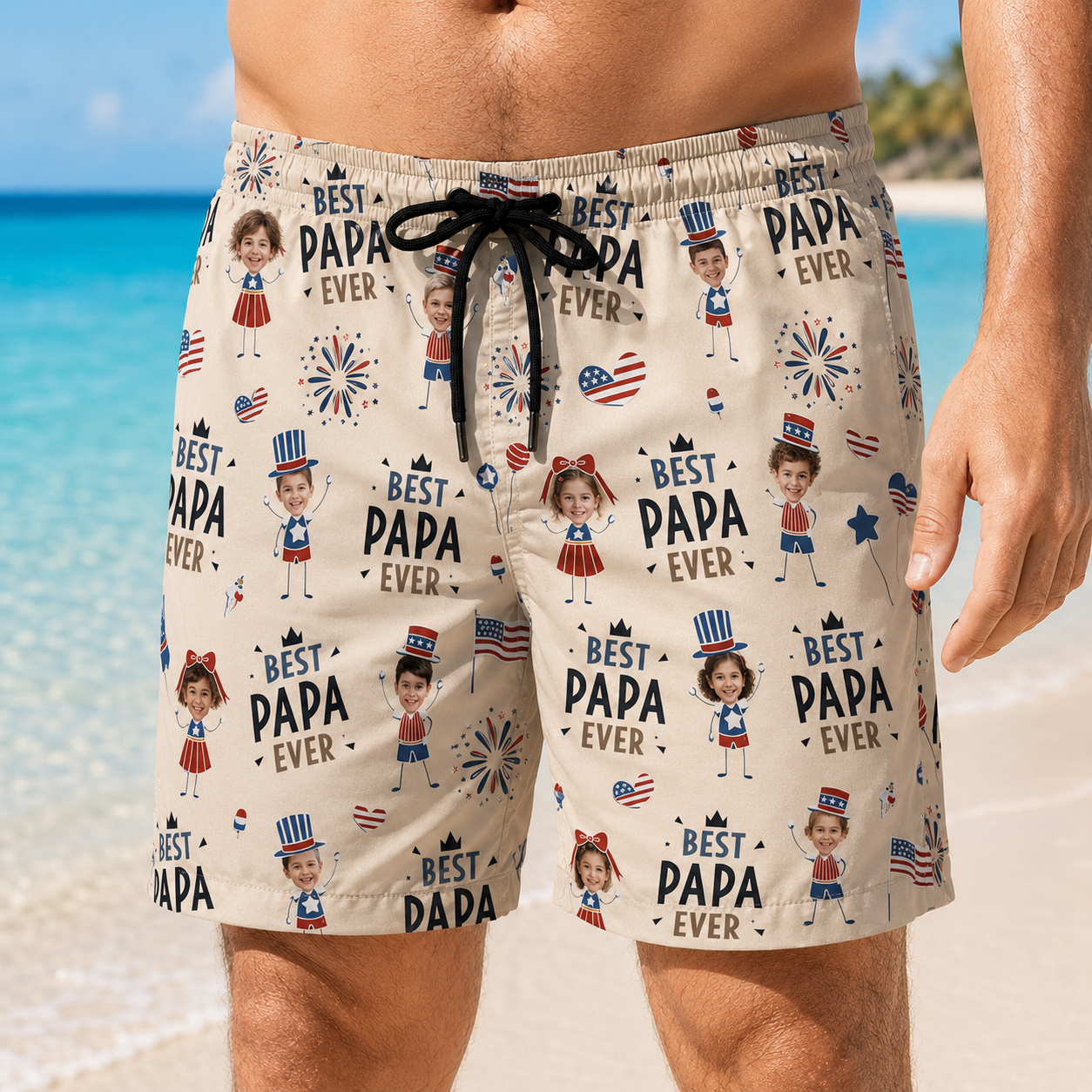 Custom Photo Dad Beach Shorts, Personalized Matching Swim Trunks, Tropical Family Vacation Gift