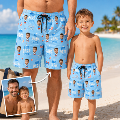 Custom Photo Dad Beach Shorts, Personalized Matching Swim Trunks, Tropical Family Vacation Gift