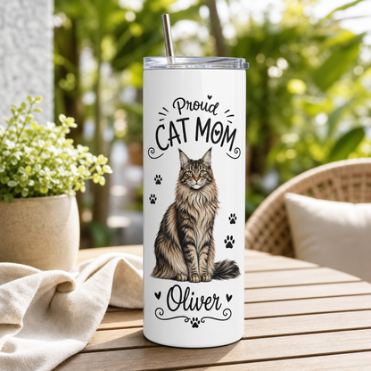 Personalized Crazy Cat Mom 20oz Skinny Tumbler – Custom Cat Photo Skinny Tumbler for Woman and Cat Owners TOM99
