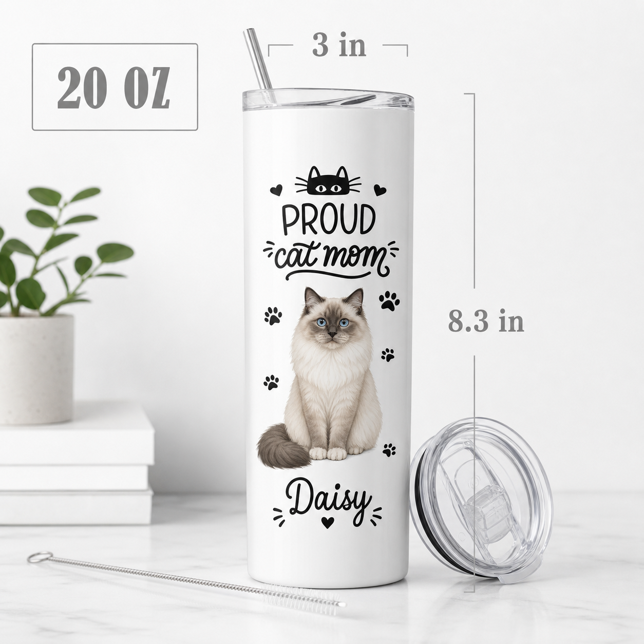 Personalized Crazy Cat Mom 20oz Skinny Tumbler – Custom Cat Photo Skinny Tumbler for Woman and Cat Owners TOM99