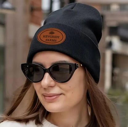 Custom Farm Name Beanie Gifts | Personalized Winter Hats with Leather Patch | Farmer Gifts