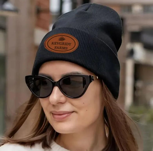 Custom Farm Name Beanie Gifts | Personalized Winter Hats with Leather Patch | Farmer Gifts