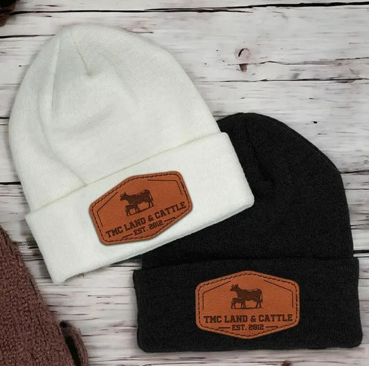 Custom Farm Name And Est Year Beanie Gifts | Personalized Winter Hats with Leather Patch | Farmer Gifts